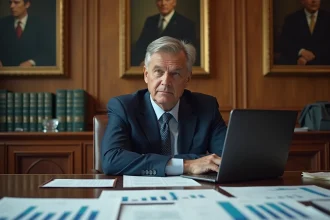Économiste gouvernemental examinant des rapports financiers sur la réduction de la dette publique lors d'une réunion institutionnelle