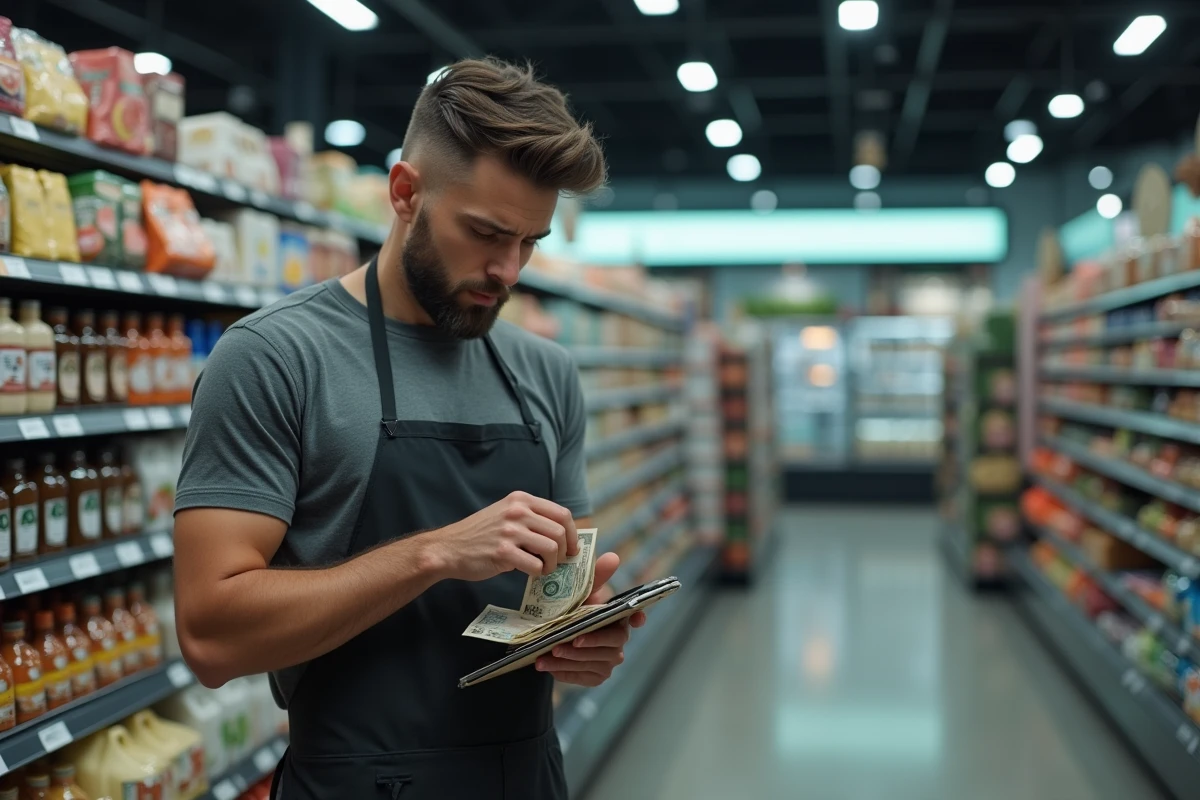 Employé de supermarché comptant son argent devant un rayon de produits, symbole du pouvoir d'achat érodé par l'inflation
