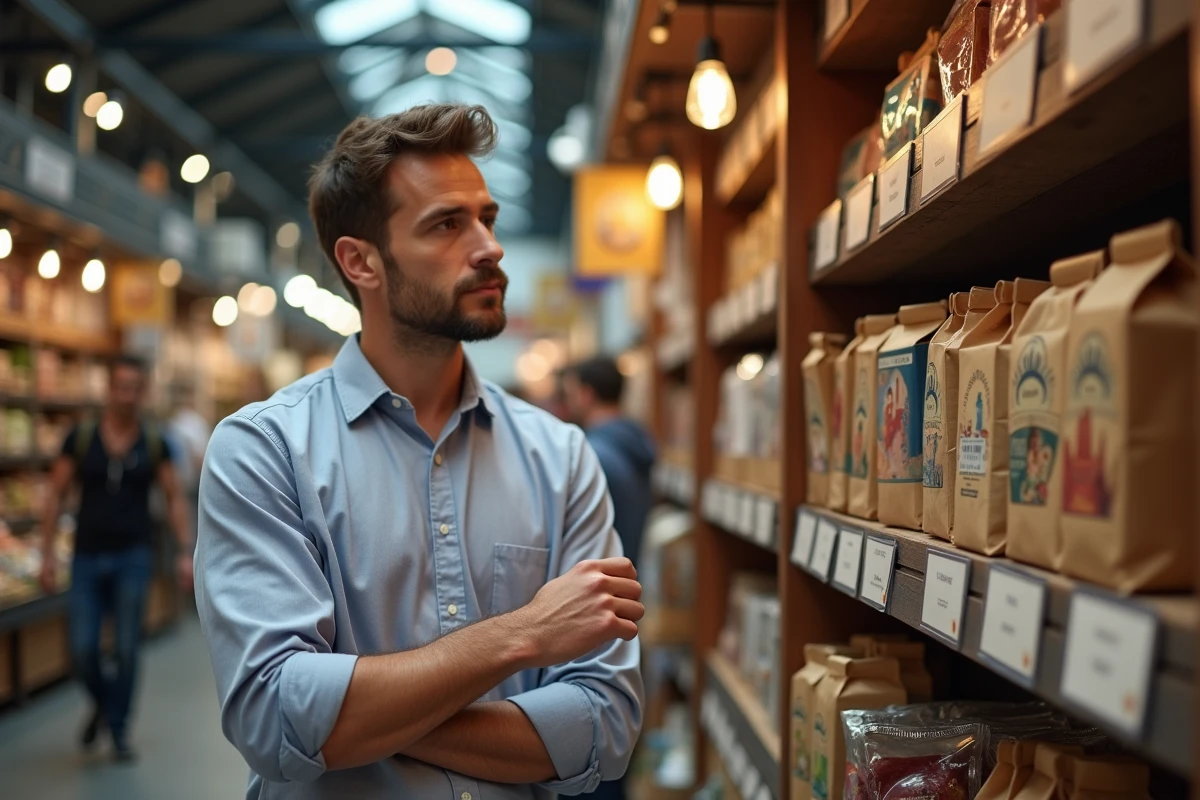Entrepreneur analysant des produits concurrents dans un marché couvert, représentant la comparaison et les avantages de la concurrence