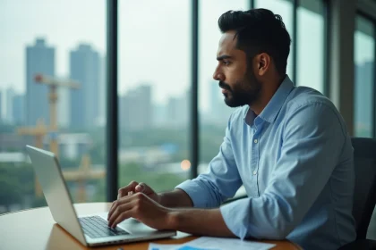 Entrepreneur sud-asiatique analysant des graphiques financiers dans un espace de coworking moderne à Mumbai, avec une vue sur une skyline en pleine croissance en arrière-plan.
