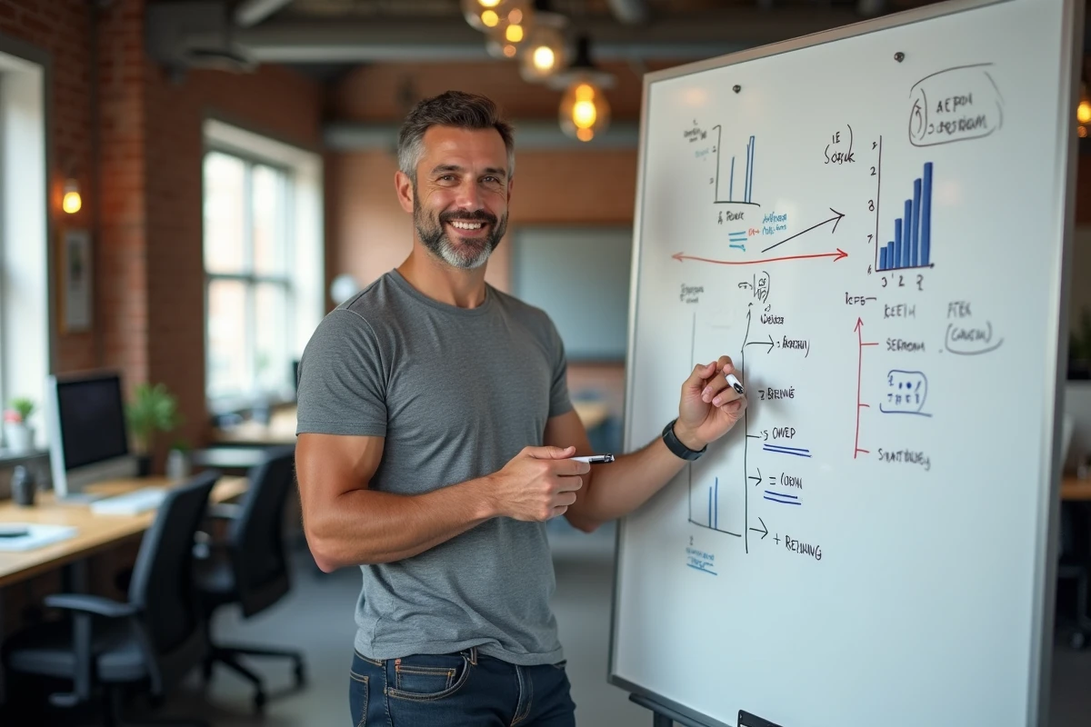 Entrepreneur masculin présentant un plan de revenus sur un tableau blanc dans un espace de coworking