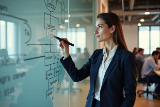 Femme cadre en veste marine écrivant un diagramme de création de valeur sur un tableau en verre dans un bureau moderne