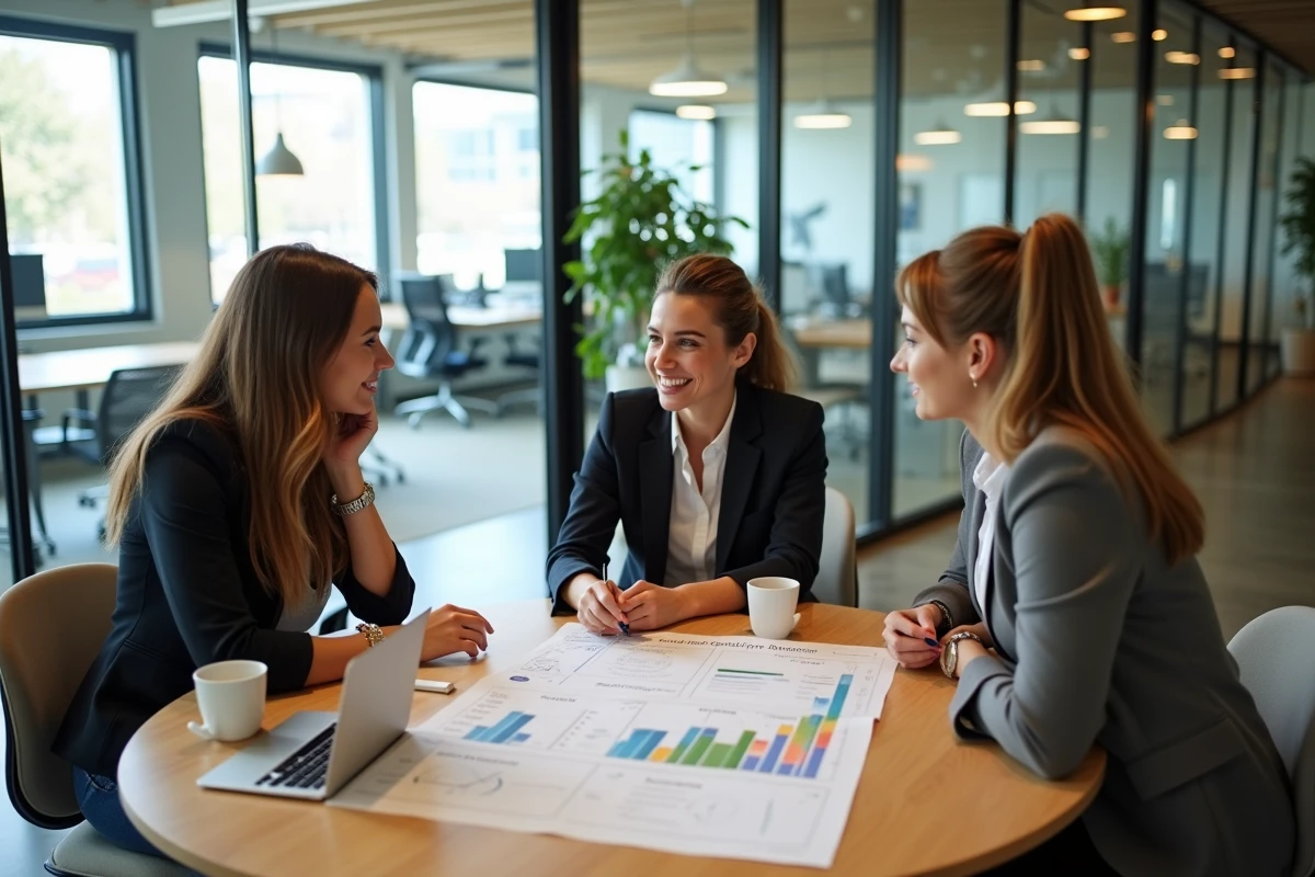 Équipe de professionnels collaborant sur une matrice d'analyse concurrentielle en salle de réunion