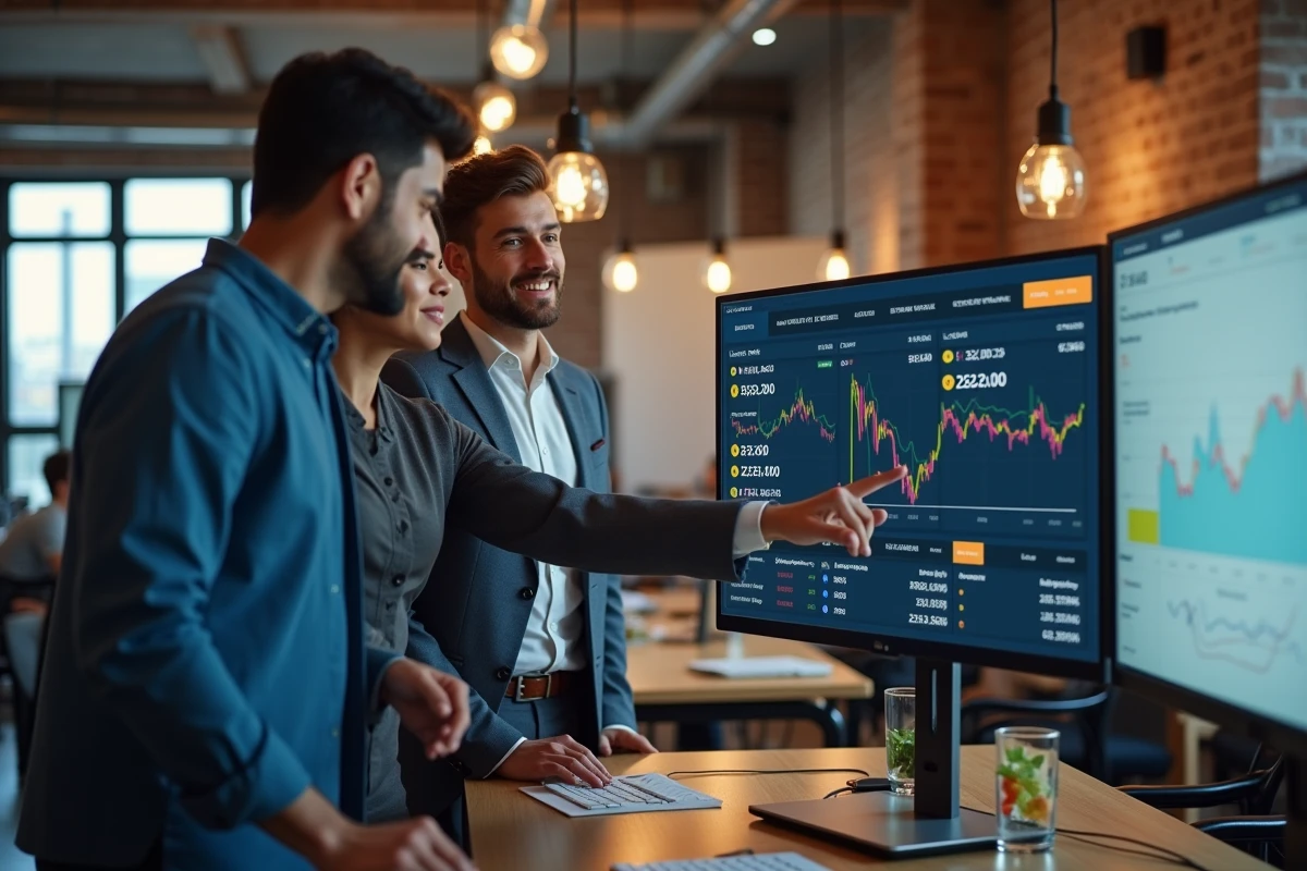 Équipe de professionnels en startup analysant un tableau de bord de cryptomonnaies sur grand écran dans un bureau moderne