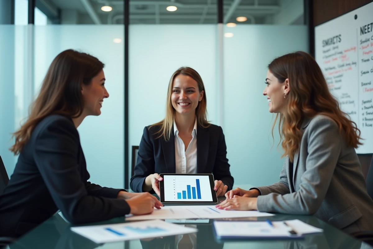 Équipe marketing analysant un rapport de veille concurrentielle autour d'une table de réunion en agence