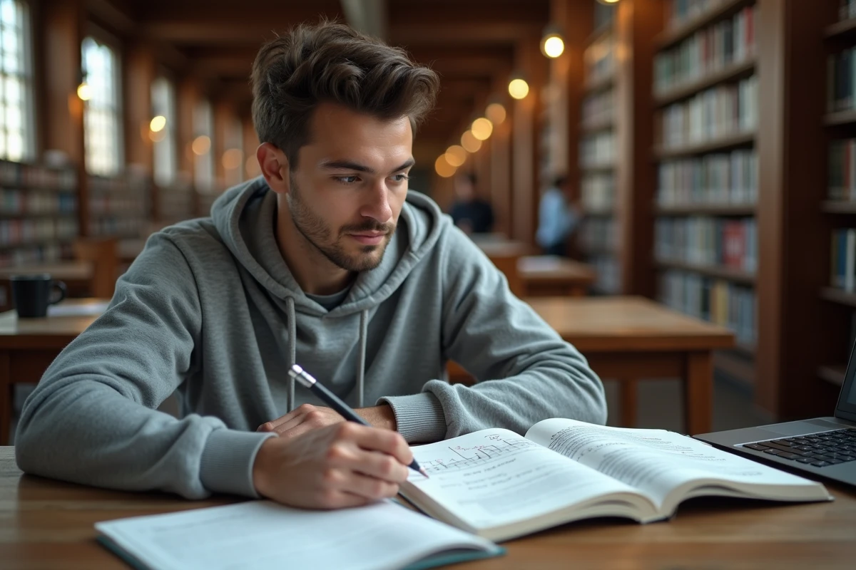 Étudiant universitaire révisant des formules de calcul de taux d'intérêt dans une bibliothèque avec manuel et ordinateur portable