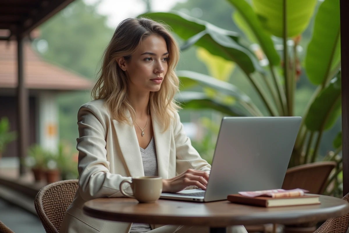 Expatriée européenne travaillant sur ses finances dans un café en plein air à Chiang Mai en Thaïlande