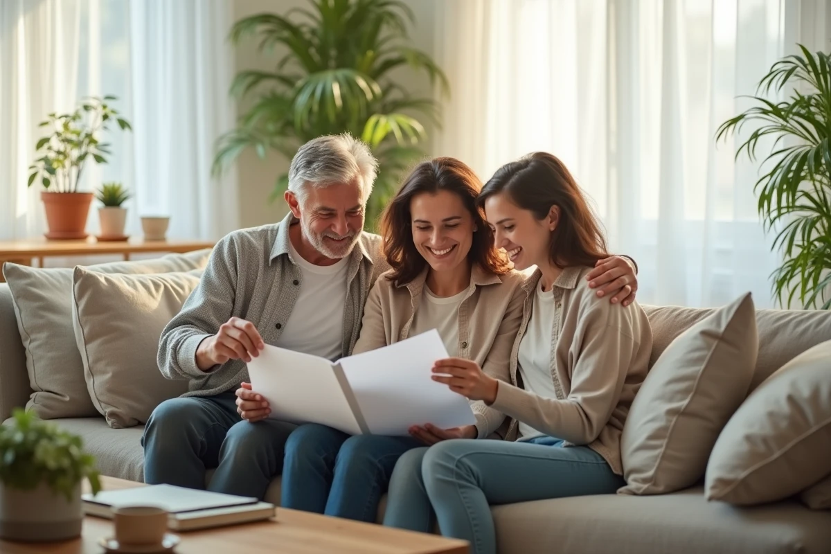 Famille discutant d'une assurance vie et de la transmission de capital entre générations