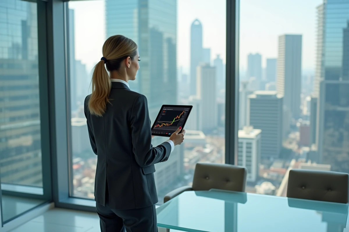 Femme d'affaires consultant un graphique Ethereum sur tablette devant un panorama urbain financier