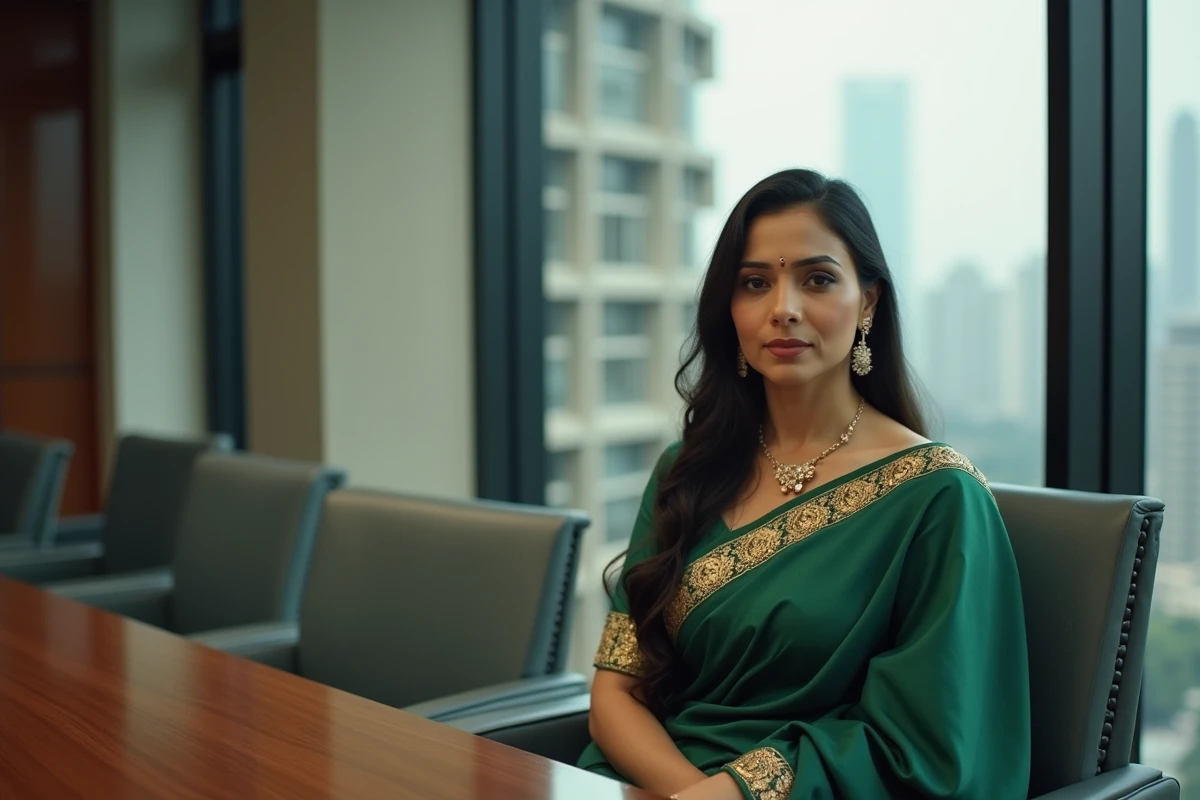 Femme d'affaires indienne en sari élégant dans un bureau de luxe à Mumbai, symbole de la richesse et des milliardaires indiens