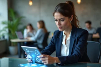 Femme d'affaires analysant une interface de portefeuille numérique sur tablette dans un bureau moderne, illustrant les implications de la monnaie numérique