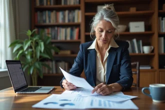 Femme de 50 ans analysant des documents financiers relatifs à une rente mensuelle de 10 000 dollars dans un bureau moderne