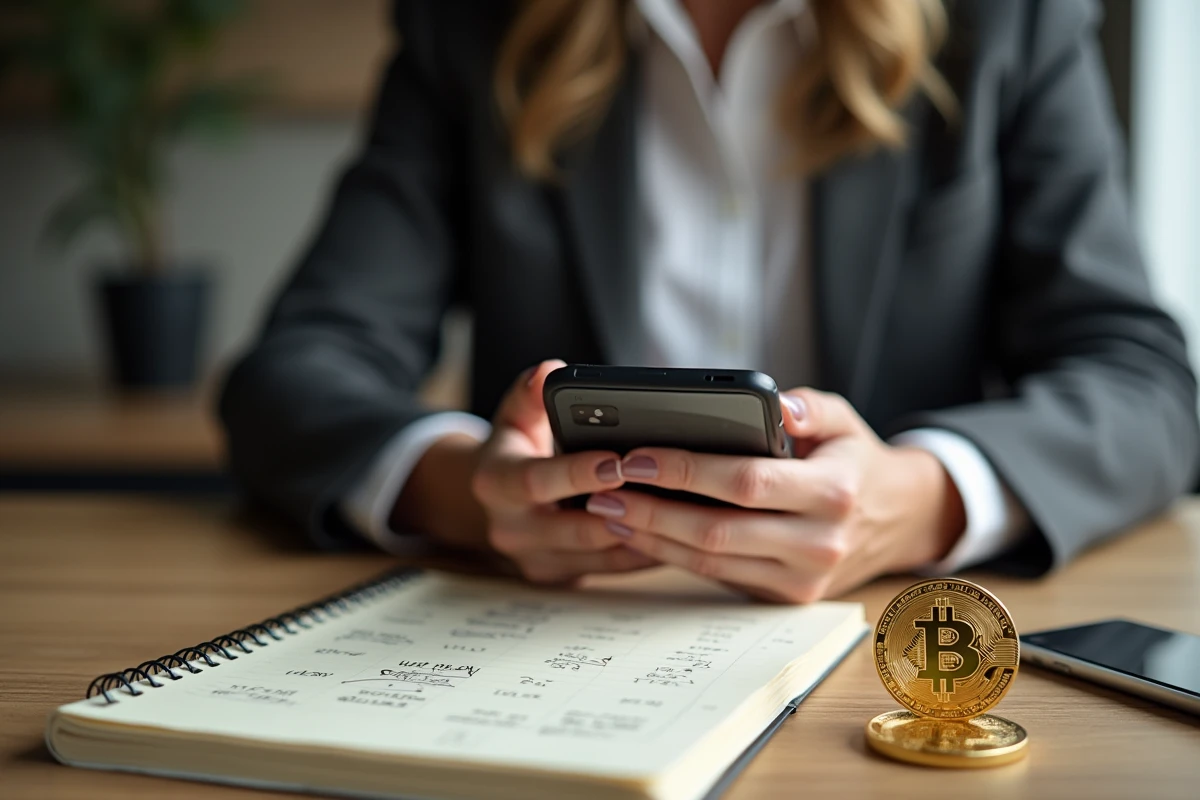 Femme analyste tenant un smartphone affichant l'application Bitcoin avec une pièce commémorative dorée sur un bureau en bois minimaliste