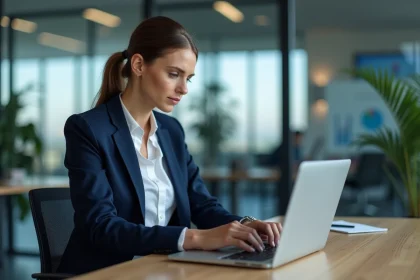 Femme analyste financière examinant des graphiques d'ETF sur un ordinateur portable dans un bureau moderne