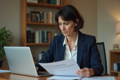 Femme consultant des documents sur la durée de l'assurance chômage à son bureau à domicile