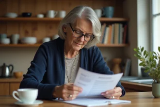 Femme mature consultant un document d'assurance vie à la maison, planification financière et succession