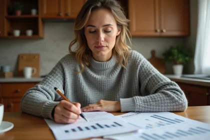 Femme consultant un budget familial avec des feuilles de calcul et des notes manuscrites sur une table en bois dans une cuisine moderne