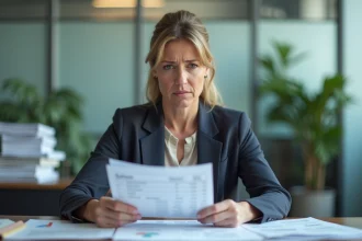 Femme cadre analysant des documents de salaires dans un bureau, illustrant l'impact de l'inflation sur les revenus