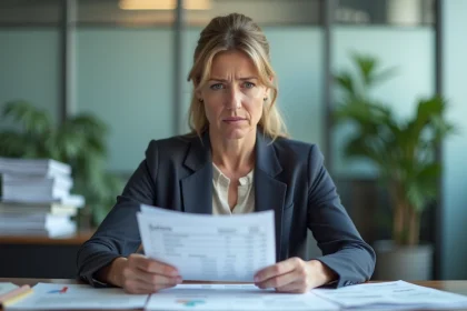 Femme cadre analysant des documents de salaires dans un bureau, illustrant l'impact de l'inflation sur les revenus