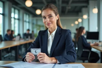 Femme cadre tenant une carte American Express Platinum dans un bureau moderne