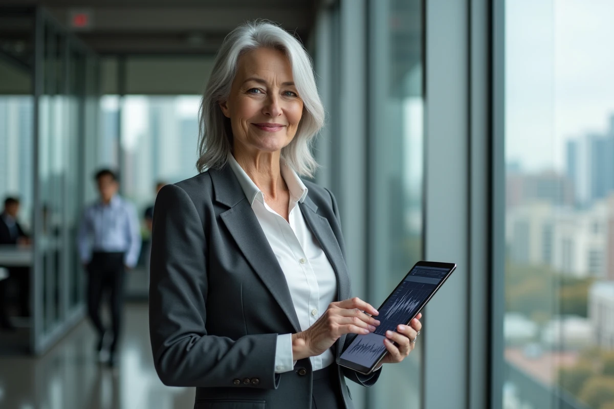 Femme cadre senior tenant une tablette avec des graphiques financiers dans un bureau moderne