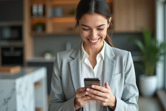 Femme tenant une carte de crédit premium et consultant son cashback sur smartphone dans un appartement moderne