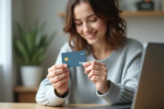 Femme tenant une carte Visa devant un ordinateur portable pour vérifier l'activation du 3D Secure