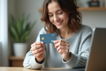 Femme tenant une carte Visa devant un ordinateur portable pour vérifier l'activation du 3D Secure