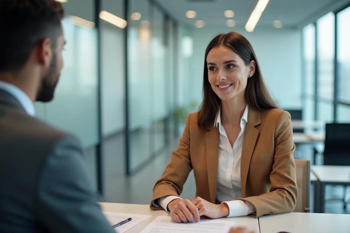 Femme consultant un conseiller bancaire pour un prêt immobilier de 50 000 euros