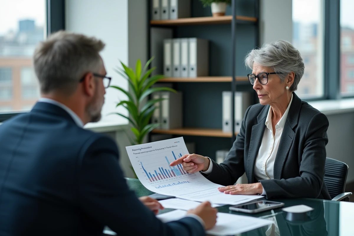 Femme de 60 ans en réunion avec un conseiller financier pour planifier sa retraite avec un salaire de 4000 euros