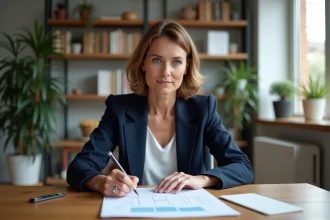 Femme consultant un relevé de compte PEA à son bureau à domicile