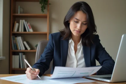 Femme consultant un contrat d'assurance prêt immobilier à son bureau à domicile