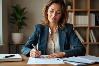 Femme signant un contrat d'assurance à son bureau, illustrant les droits de résiliation selon la loi Hamon et la loi Châtel