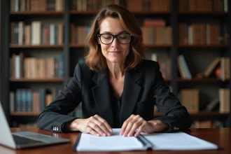 Femme consultant un contrat d'assurance vie et des documents financiers à son bureau à domicile