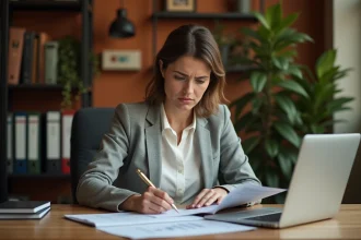 Femme consultant ses documents d'assurance à son bureau pour obtenir un remboursement