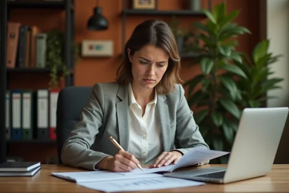 Femme consultant ses documents d'assurance à son bureau pour obtenir un remboursement