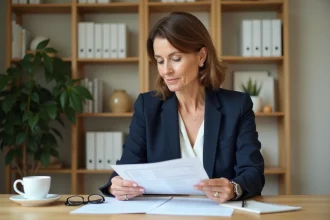 Femme examinant les documents d'un prêt relais à son bureau à domicile, illustrant les démarches liées aux intérêts d'un prêt immobilier transitoire