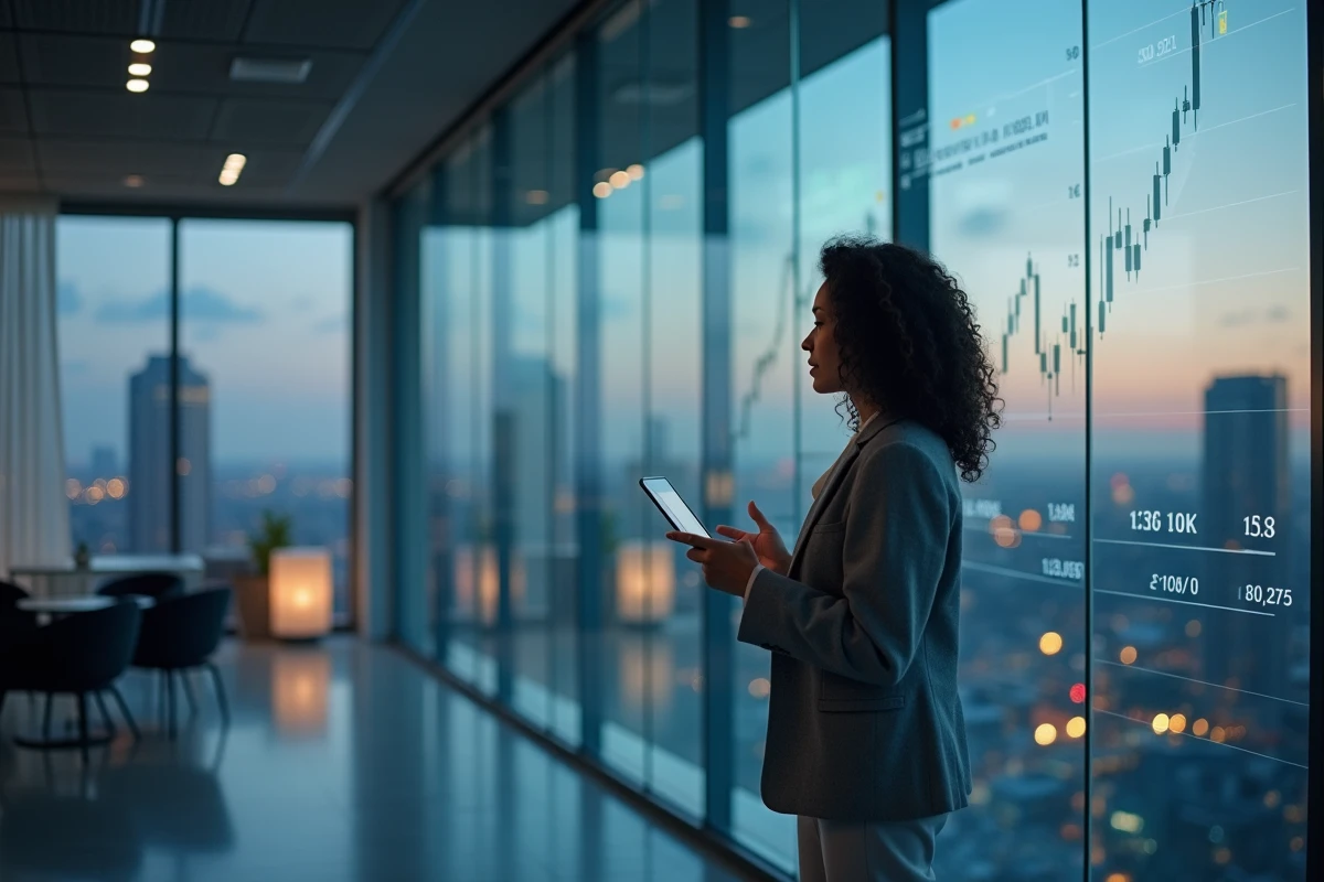 Femme d'affaires devant un écran de données boursières dans un bureau corporate pour illustrer la croissance d'investissement