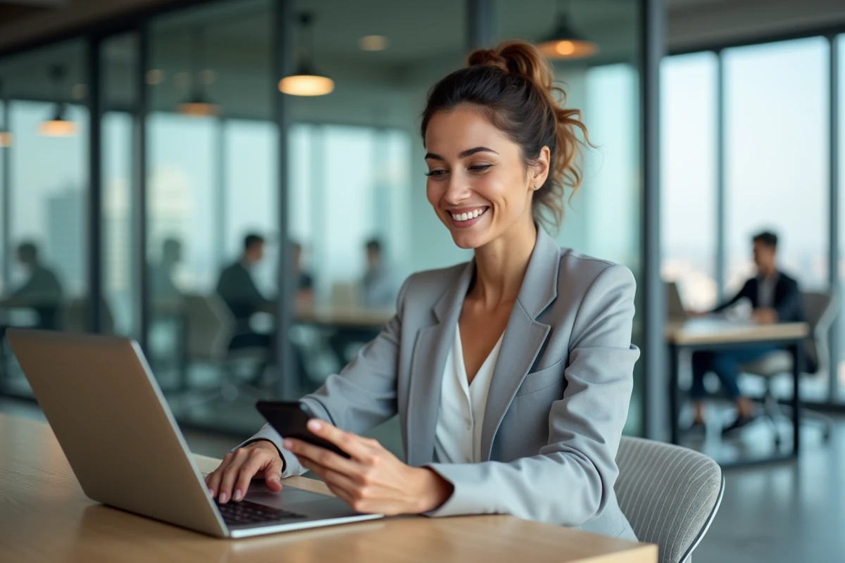 Femme professionnelle gérant ses investissements mensuels en dividendes dans un espace de coworking moderne