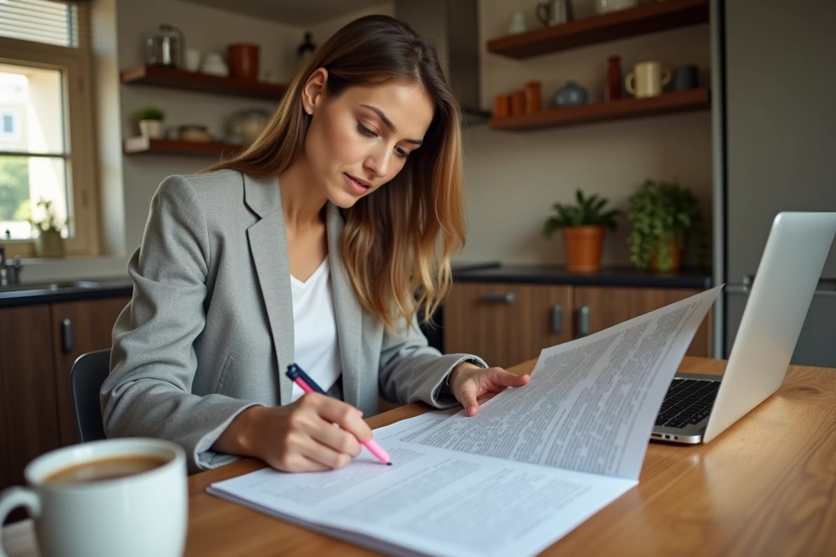 Femme lisant attentivement un contrat de prêt avec frais de dossier à son domicile