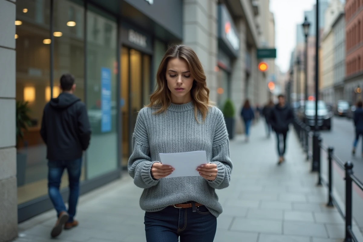 Femme inquiète lisant une lettre de relance devant une banque en ville