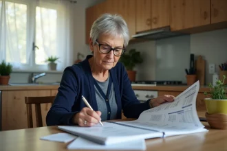 Femme de 55 ans qui planifie sa retraite en révisant des documents financiers à la table de cuisine