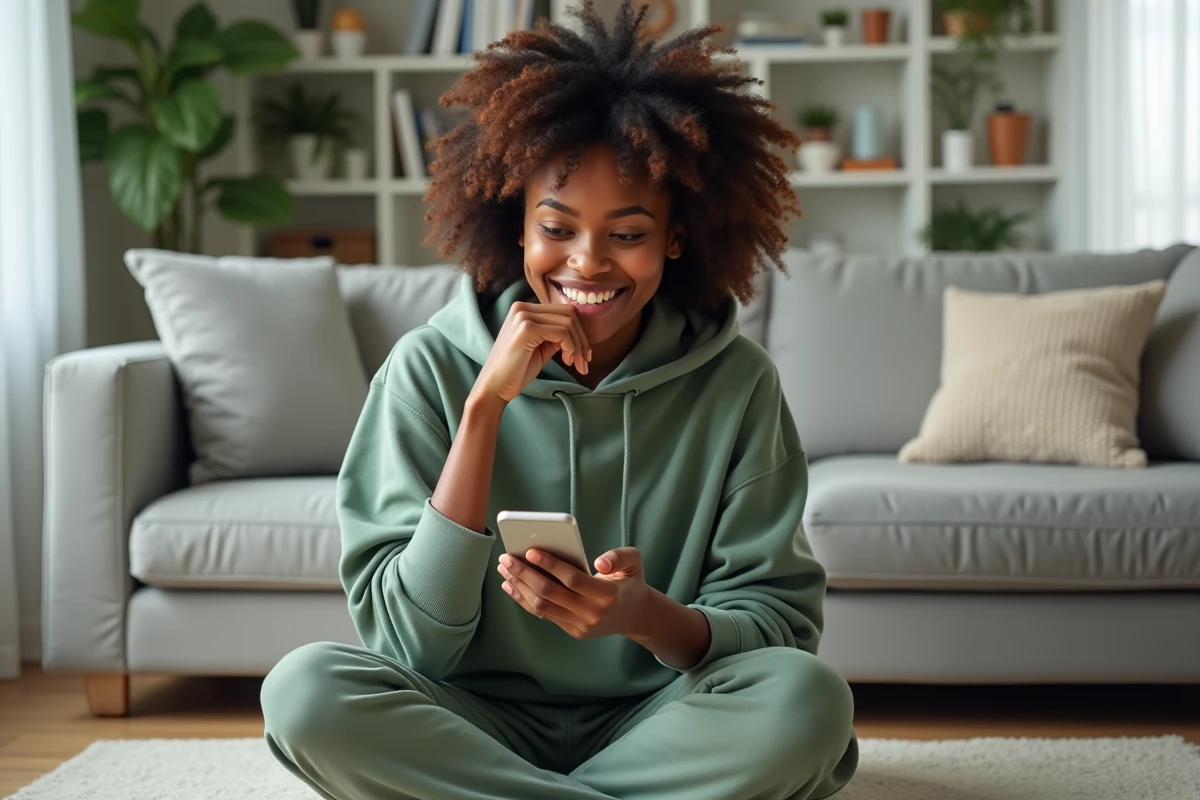Jeune femme consultant une application de portefeuille de cryptomonnaies sur son smartphone dans un salon moderne