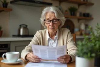 Femme retraitée de 67 ans consultant ses documents de retraite à taux plein à la table de cuisine