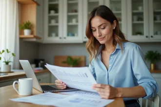 Femme consultant des documents financiers pour simuler un crédit avec 2500 euros de salaire mensuel