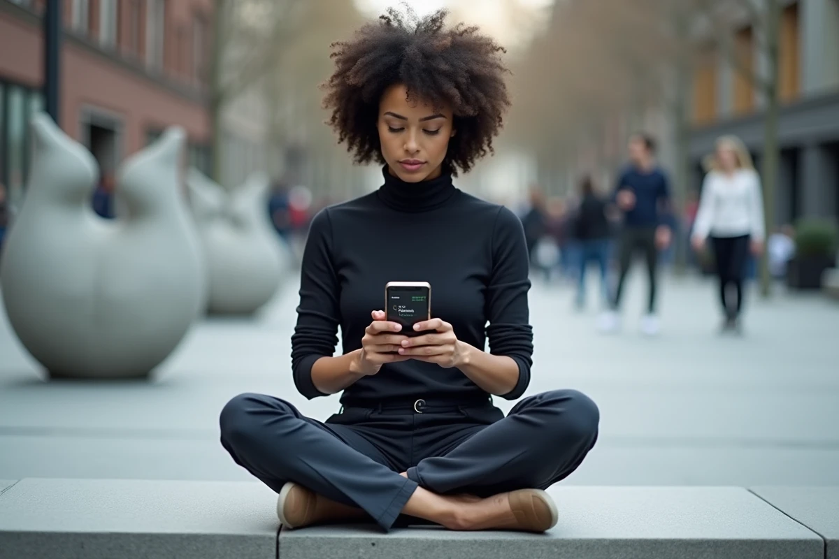 Femme tenant un smartphone affichant un portefeuille de cryptomonnaies en déclin dans une place publique contemporaine, illustrant la question de l'avenir du bitcoin