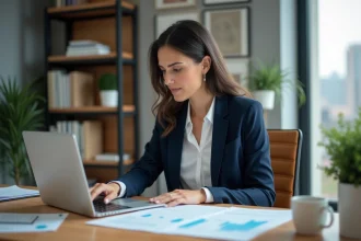 Femme professionnelle analysant des stratégies financières sur un ordinateur portable dans un bureau moderne en 2026