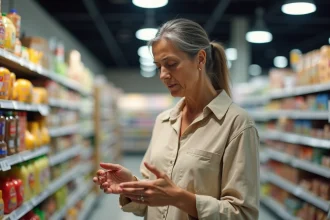 Une femme au supermarché examine une étiquette de prix avec inquiétude face à la hausse des prix liée à l'inflation