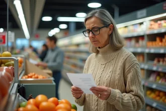 Femme inquiète examinant un ticket de caisse dans un supermarché, illustration des effets de l'inflation sur le pouvoir d'achat