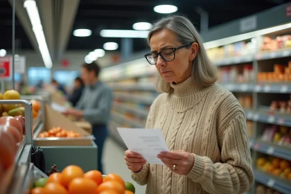 Femme inquiète examinant un ticket de caisse dans un supermarché, illustration des effets de l'inflation sur le pouvoir d'achat